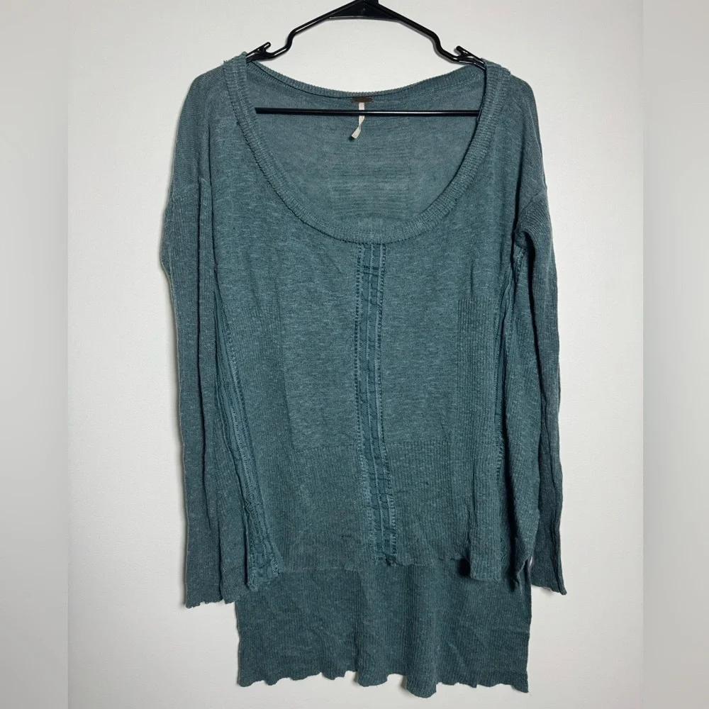 Free People Teal Knit Long Sleeve Top Small Boho Lightweight Sweater
